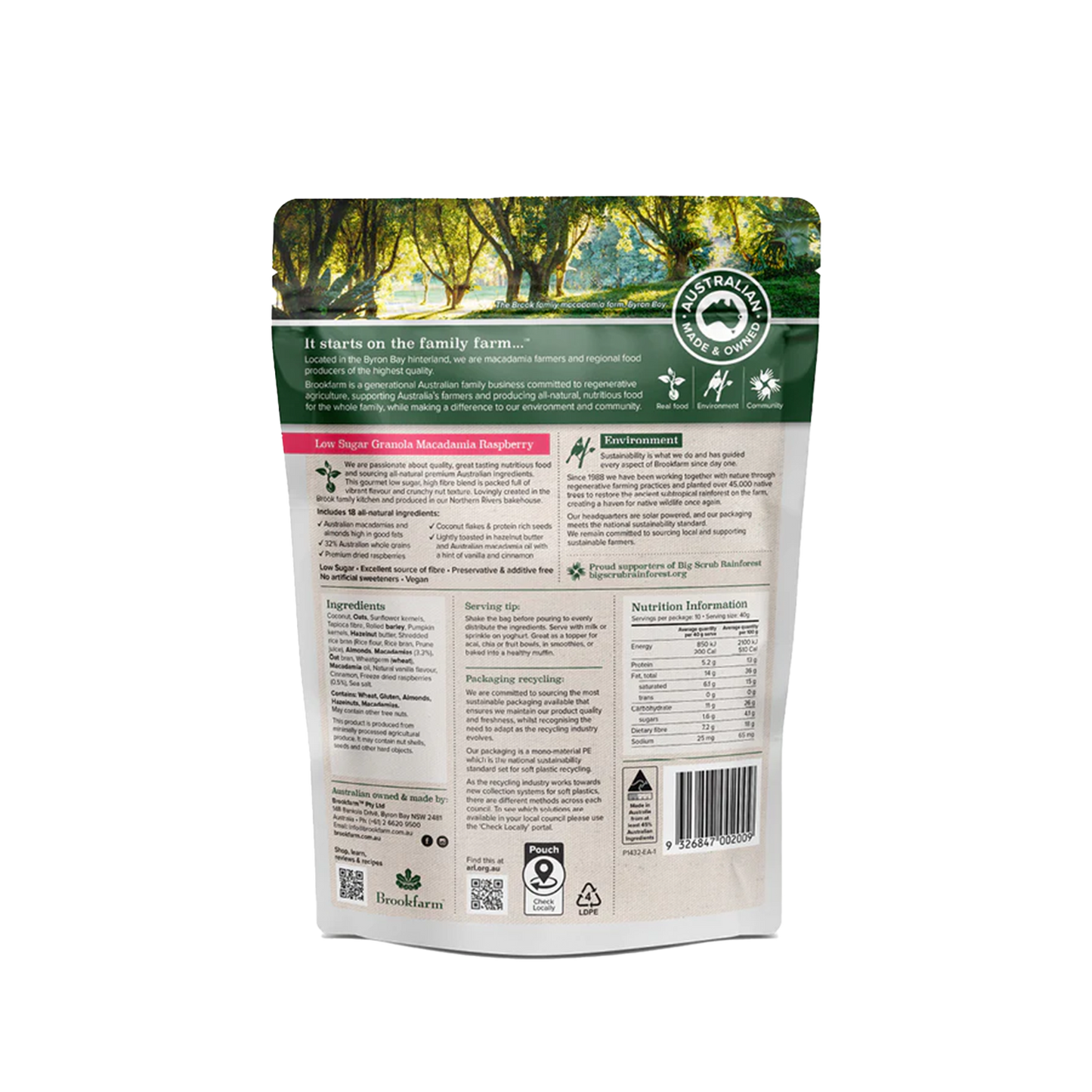 Brookfarm Low Sugar Granola Macadamia Raspberry 400g
